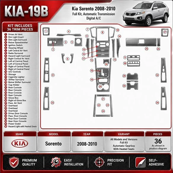 KIA Sorento 2008-2010 Ful Kit, boîte automatique,avec Heated Seats kit décoration intérieure tableau de bord