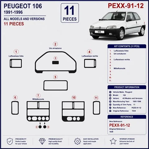 Peugeot 106 1991-1996 kit décor tableau de bord 3D, 12 pièces 2