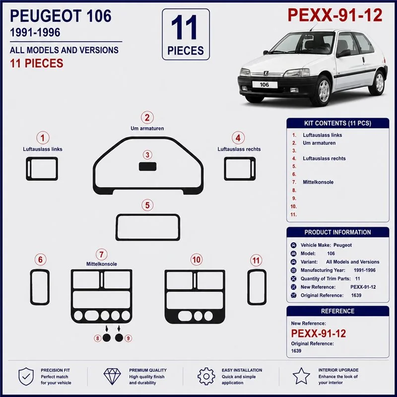 Peugeot 106 1991-1996 kit décor tableau de bord 3D, 12 pièces