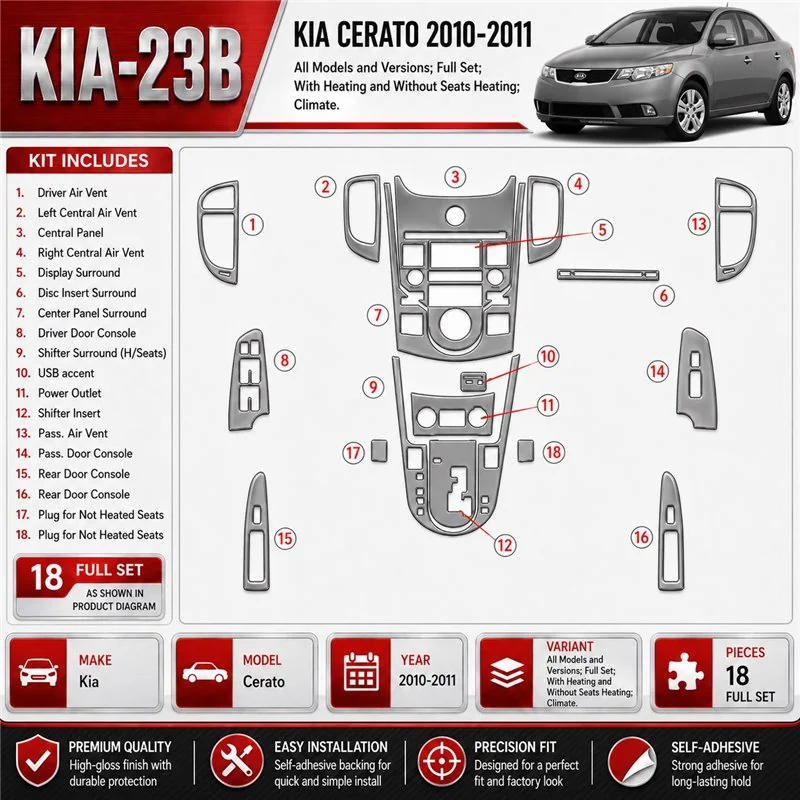 Kia Cerato 2010-2011 kit complet, avec Heating and sans Seats Heating, Climate kit décoration intérieure tableau de bord