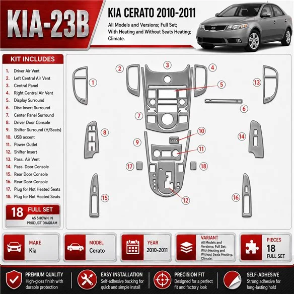 Kia Cerato 2010-2011 kit complet, avec Heating and sans Seats Heating, Climate kit décoration intérieure tableau de bord