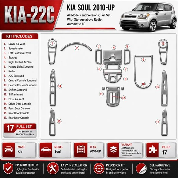 KIA Soul 2010 - à aujourd’hui kit complet, avec Storage above Radio, automatique AC kit décoration intérieure tableau de bord