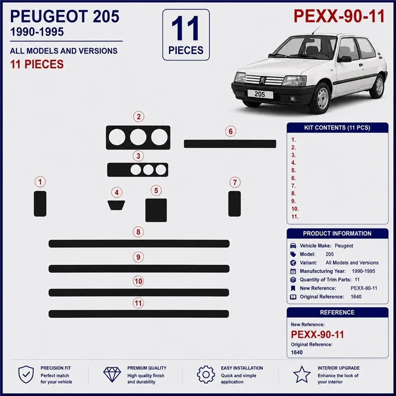 Peugeot 205 1990-1995 kit décor tableau de bord 3D, 11 pièces