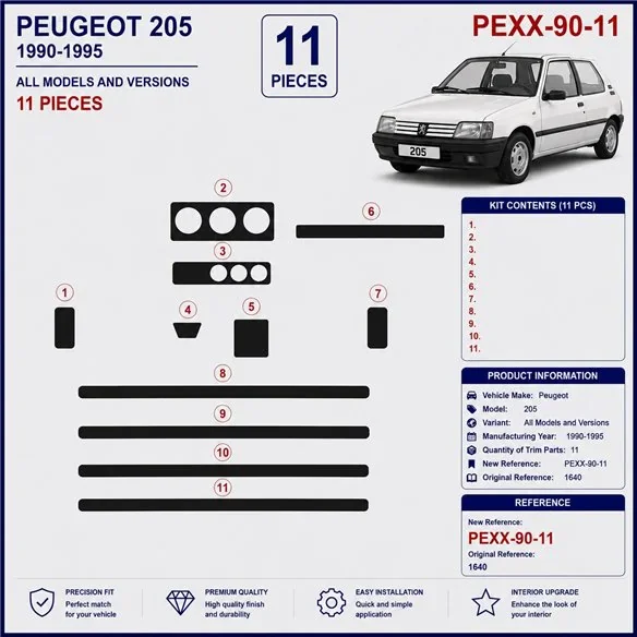 Peugeot 205 1990-1995 kit décor tableau de bord 3D, 11 pièces