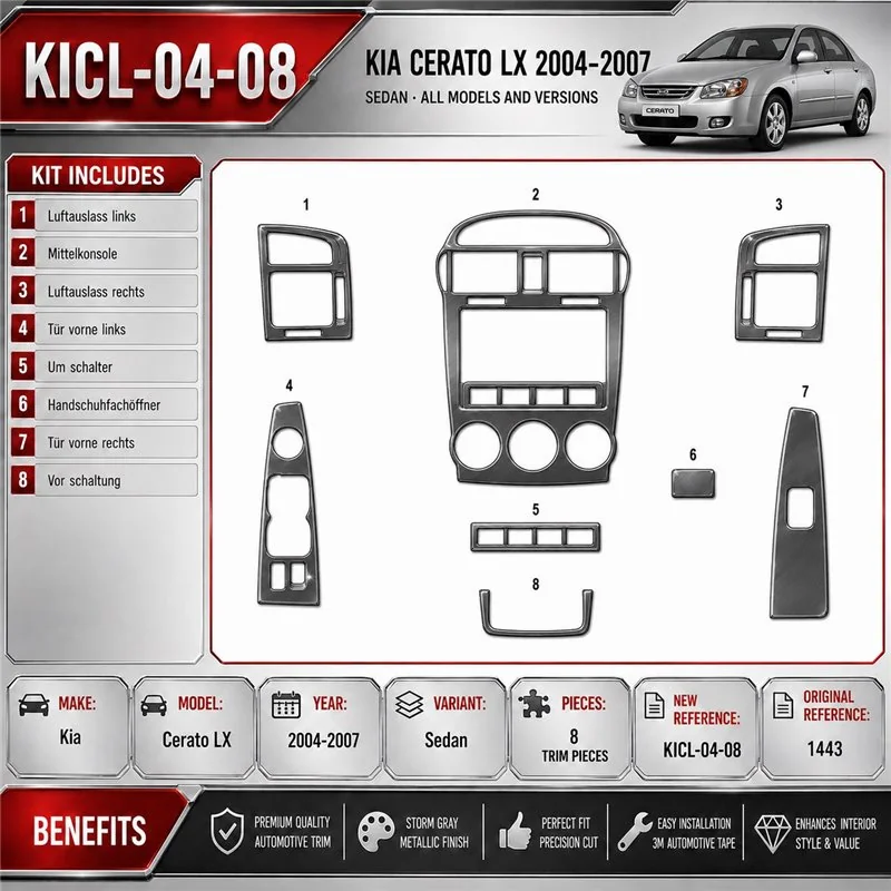 Kia Cerato LX Sedan 2004-2007 3D kit décoration intérieure tableau de bord 8 pièces