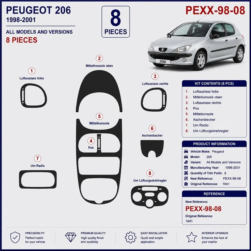 Peugeot 206 1998-2001 kit décor tableau de bord 3D, 8 pièces