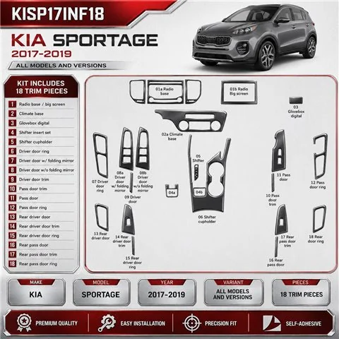 Kia Sportage 2017-2019 kit décoration intérieure tableau de bord 18 pièces