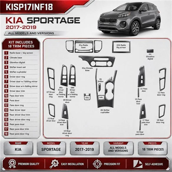 Kia Sportage 2017-2019 kit décoration intérieure tableau de bord 18 pièces