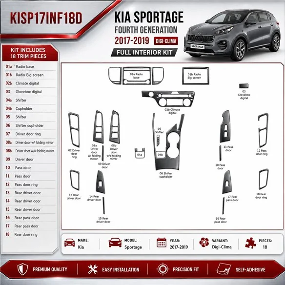 Kia Sportage 2017-2019 Digi-Clima kit décoration intérieure tableau de bord 18 pièces