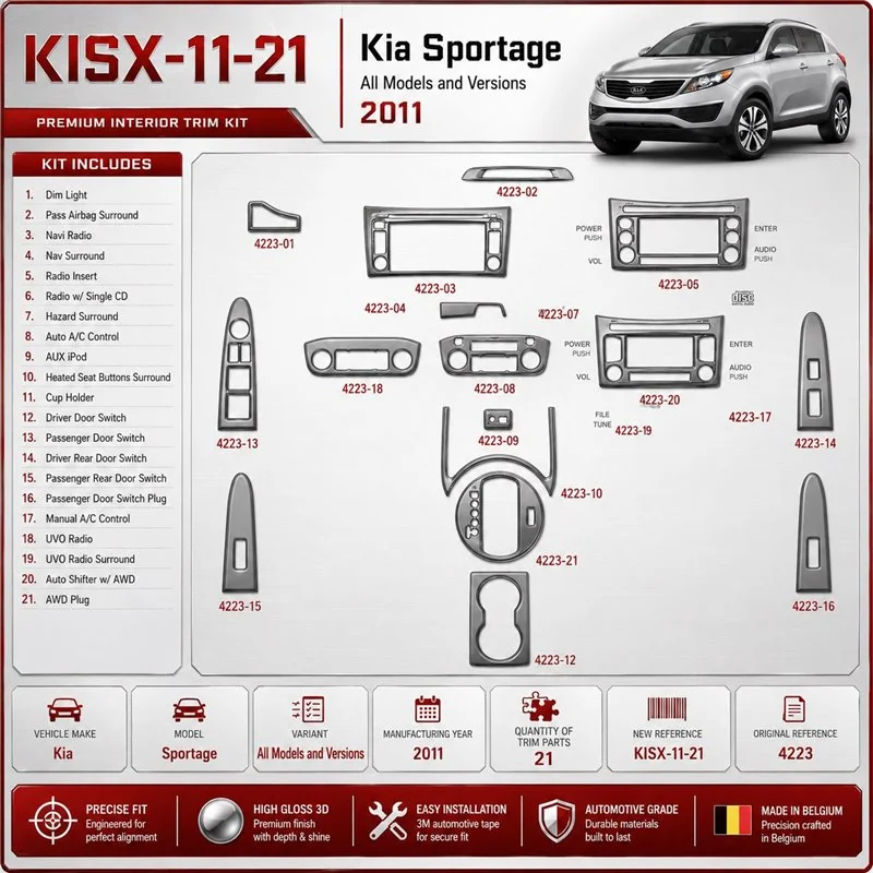 KIA Sportage 2011 kit décoration intérieure tableau de bord 21 pièces