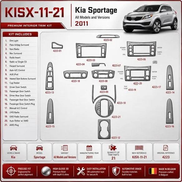 KIA Sportage 2011 kit décoration intérieure tableau de bord 21 pièces