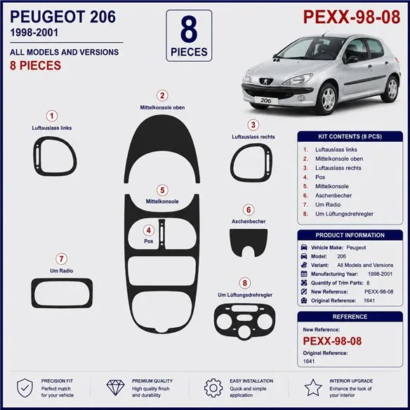 Peugeot 206 2001-2010 kit décor tableau de bord 3D, 10 pièces