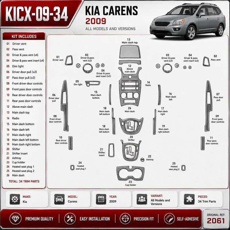 KIA Carens 2009 kit décoration intérieure tableau de bord 34 pièces