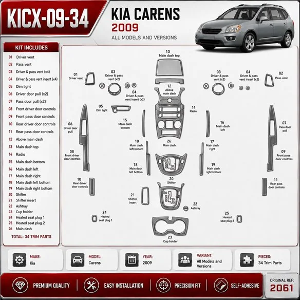 KIA Carens 2009 kit décoration intérieure tableau de bord 34 pièces