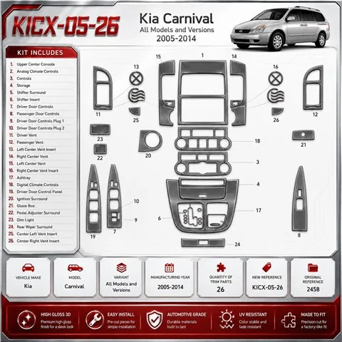Kia Carnival 2005-2014 kit décoration intérieure tableau de bord 26 pièces
