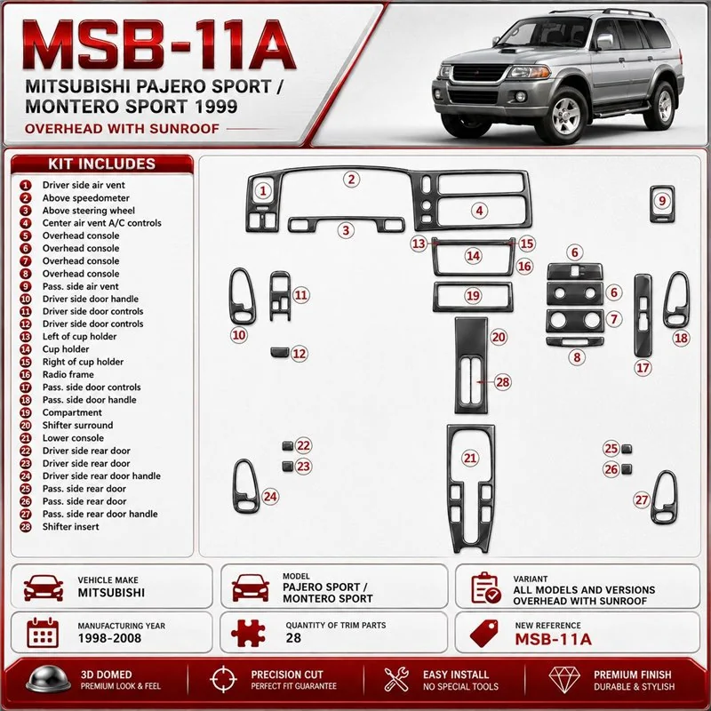 Mitsubishi Pajero Sport/Montero Sport 1998-2008 Overhead avec Sunroof, 28 pièces kit décoration intérieure tableau de bord