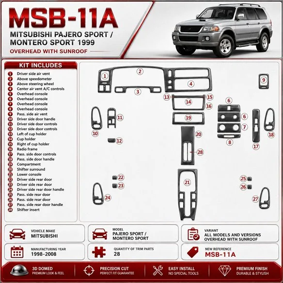 Mitsubishi Pajero Sport/Montero Sport 1998-2008 Overhead avec Sunroof, 28 pièces kit décoration intérieure tableau de bord
