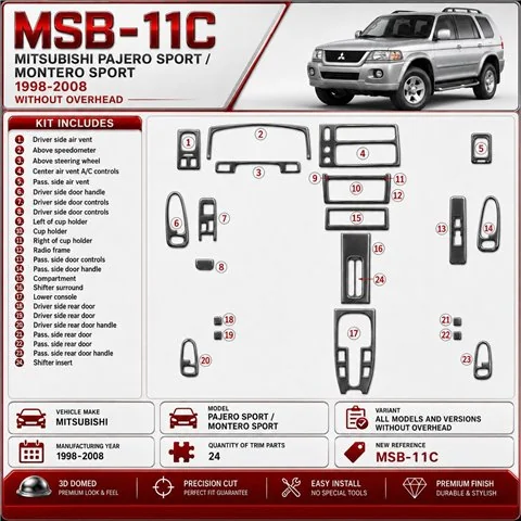 Mitsubishi Pajero Sport/Montero Sport 1998-2008 sans Overhead, 24 pièces kit décoration intérieure tableau de bord