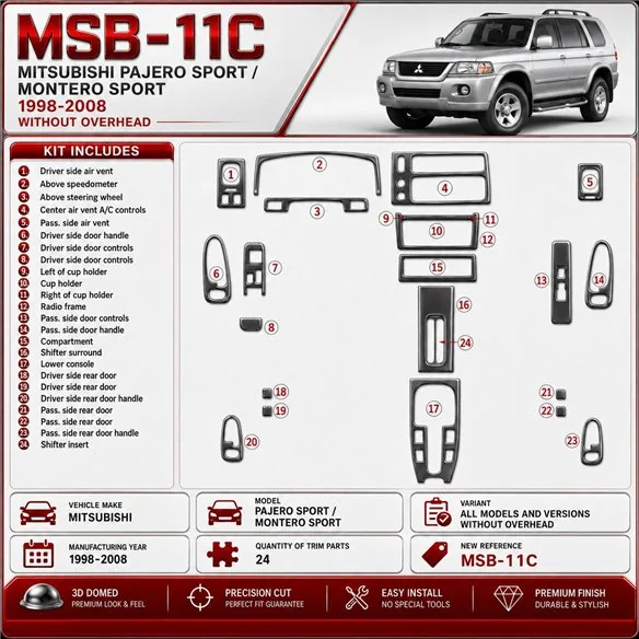 Mitsubishi Pajero Sport/Montero Sport 1998-2008 sans Overhead, 24 pièces kit décoration intérieure tableau de bord