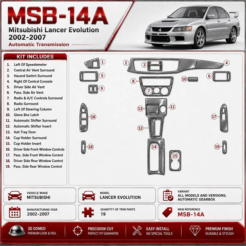 Mitsubishi Lancer Evolution 2002-2007 boîte automatique kit décoration intérieure tableau de bord