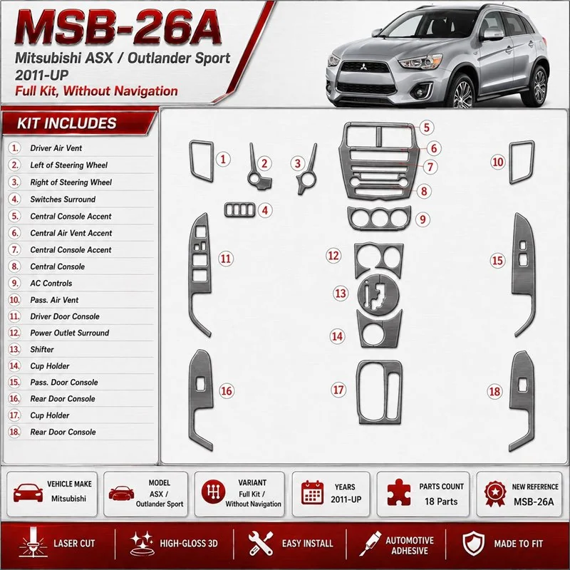 Mitsubishi Outlander ASX/Sport 2011 - à aujourd’hui kit complet, sans navigation kit décoration intérieure tableau de bord