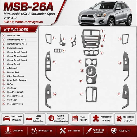 Mitsubishi Outlander ASX/Sport 2011 - à aujourd’hui kit complet, sans navigation kit décoration intérieure tableau de bord