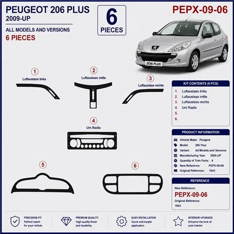 Peugeot 206 Plus 2009+ kit décor tableau de bord 3D, 6 pièces 2