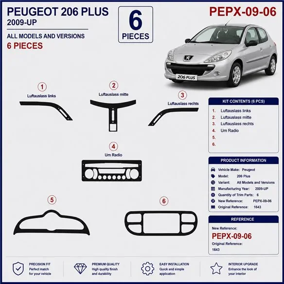 Peugeot 206 Plus 2009+ kit décor tableau de bord 3D, 6 pièces