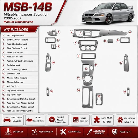 Mitsubishi Lancer Evolution 2002-2007 boîte manuelle boîte kit décoration intérieure tableau de bord