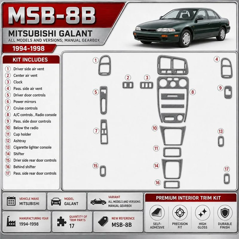 Mitsubishi Galant 1994-1998 boîte manuelle, mission, 17 pièces kit décoration intérieure tableau de bord