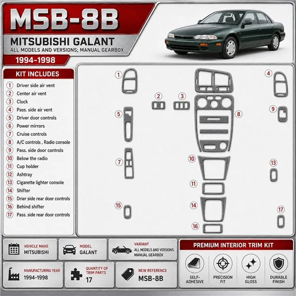 Mitsubishi Galant 1994-1998 boîte manuelle, mission, 17 pièces kit décoration intérieure tableau de bord
