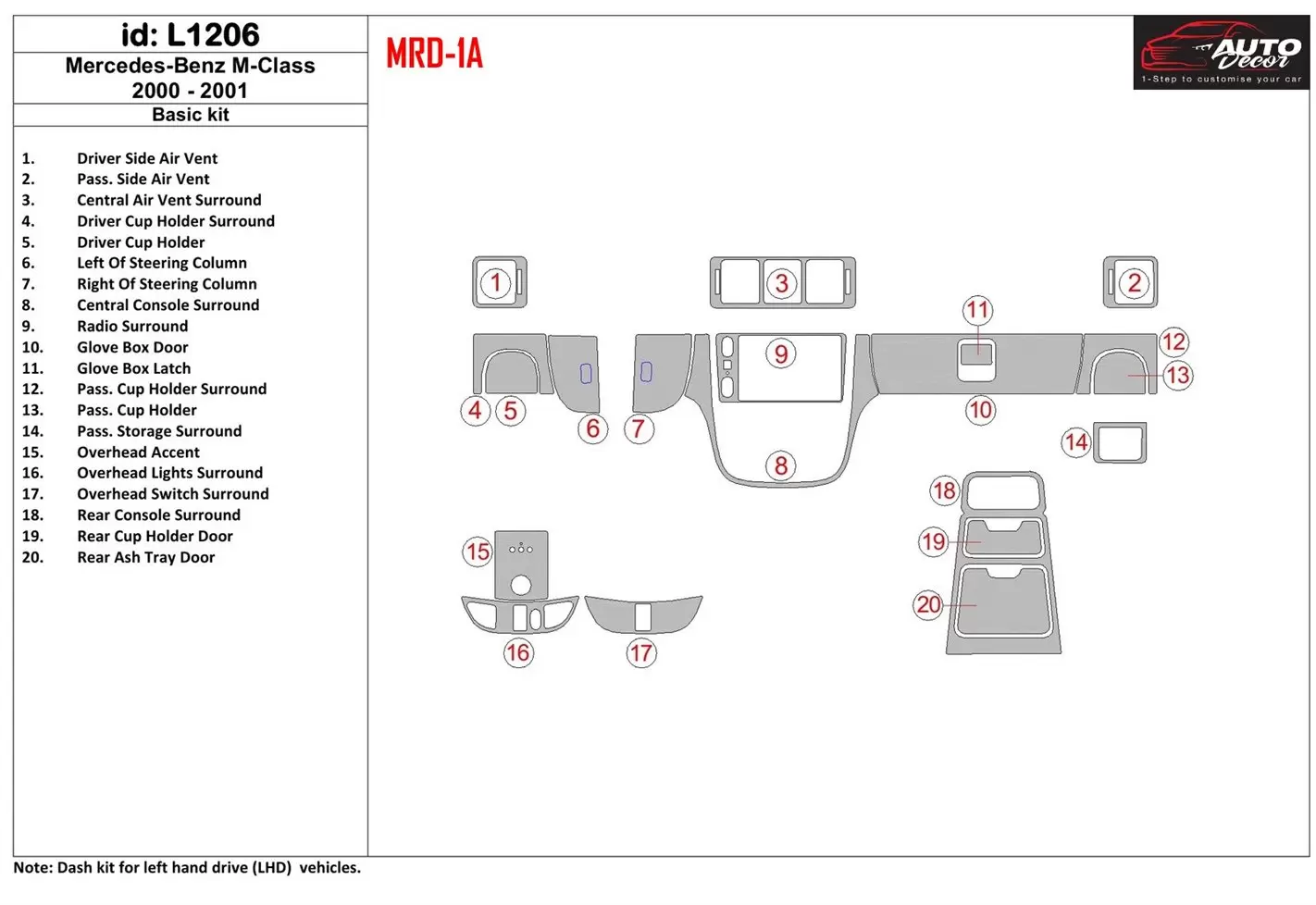 Mercedes Benz M Class 2000-2001 Base Kit BD Kit la décoration du tableau de bord - 1 - habillage decor de tableau de bord
