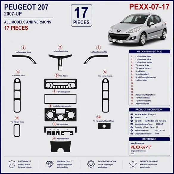 Peugeot 207 2007+ kit décor tableau de bord 3D, 17 pièces