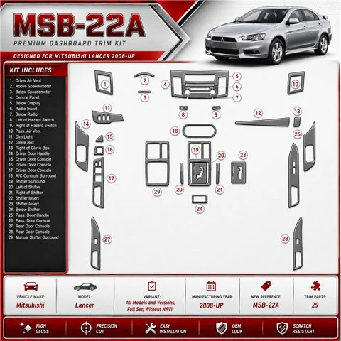 Mitsubishi Lancer 2008 - à aujourd’hui kit complet, sans navigation kit décoration intérieure tableau de bord