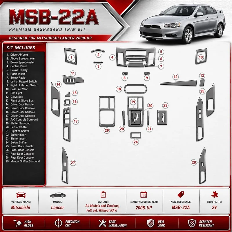 Mitsubishi Lancer 2008 - à aujourd’hui kit complet, sans navigation kit décoration intérieure tableau de bord