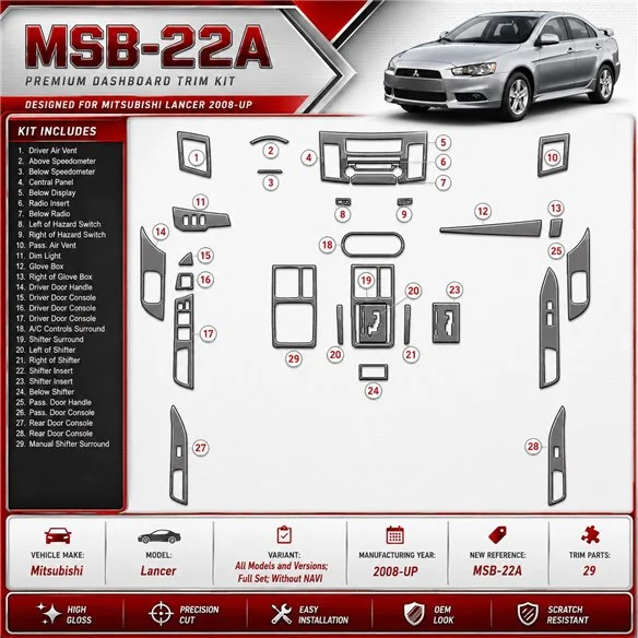 Mitsubishi Lancer 2008 - à aujourd’hui kit complet, sans navigation kit décoration intérieure tableau de bord