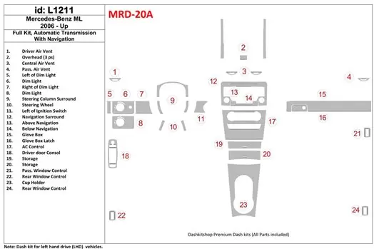 Mercedes Benz ML W164 Class 2006-UP Ensemble Complet, Boîte automatique, Avec NAVI BD Kit la décoration du tableau de bord - 1 -