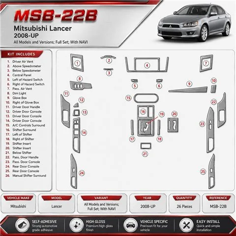 Mitsubishi Lancer 2008 - à aujourd’hui kit complet, avec navigation kit décoration intérieure tableau de bord