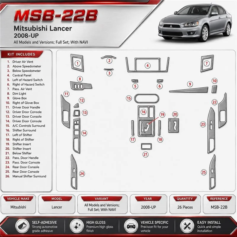 Mitsubishi Lancer 2008 - à aujourd’hui kit complet, avec navigation kit décoration intérieure tableau de bord