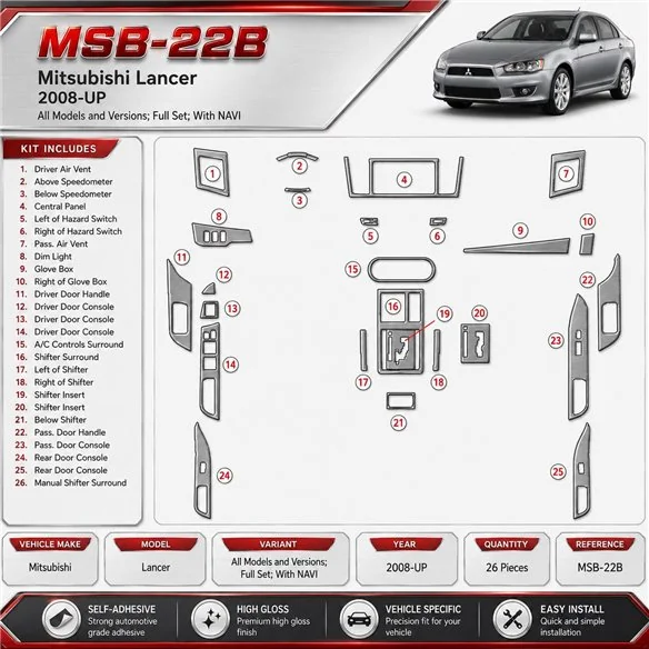 Mitsubishi Lancer 2008 - à aujourd’hui kit complet, avec navigation kit décoration intérieure tableau de bord