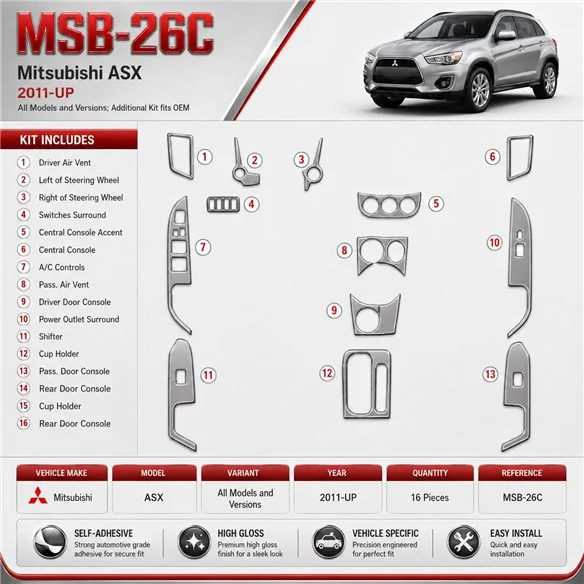 Mitsubishi ASX 2011 - à aujourd’hui additional kit fits OEM kit décoration intérieure tableau de bord