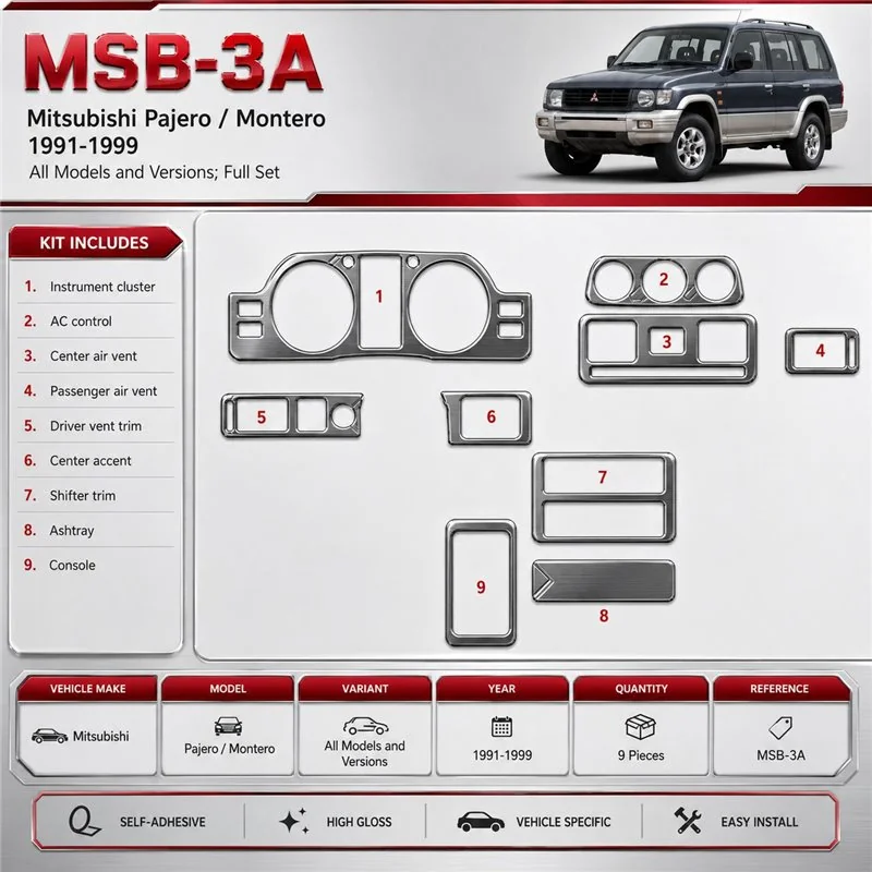 Mitsubishi Pajero/Montero 1991-1999 kit complet, 9 pièces kit décoration intérieure tableau de bord