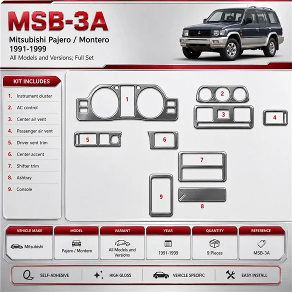 Mitsubishi Pajero/Montero 1991-1999 kit complet, 9 pièces kit décoration intérieure tableau de bord