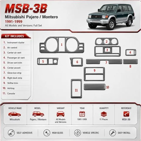 Mitsubishi Pajero/Montero 1991-1999 kit complet, 11 pièces kit décoration intérieure tableau de bord