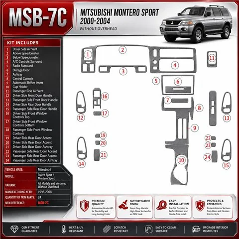 Mitsubishi Pajero Sport/Montero Sport 1998-2008 sans Overhead, 24 pièces kit décoration intérieure tableau de bord