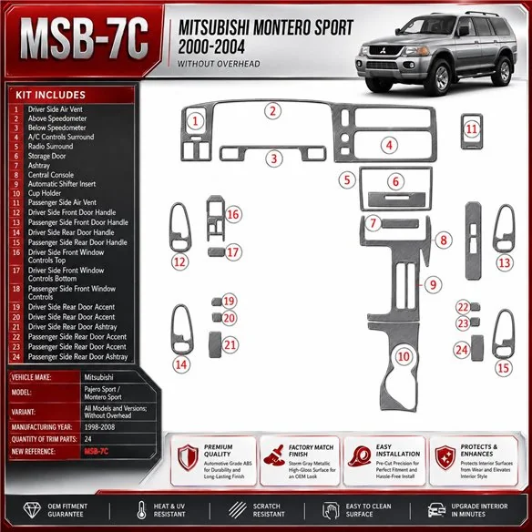 Mitsubishi Pajero Sport/Montero Sport 1998-2008 sans Overhead, 24 pièces kit décoration intérieure tableau de bord