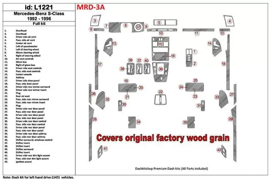 Mercedes Benz S Class W140 1992-1996 Ensemble Complet, Cover All OEM Wood Kit BD Kit la décoration du tableau de bord - 1 - habi