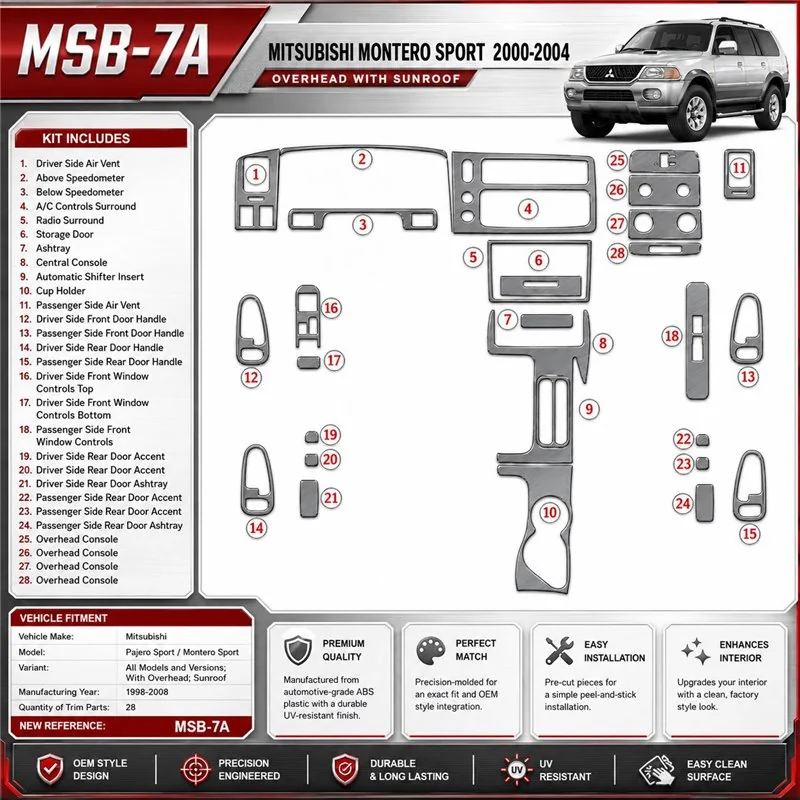 Mitsubishi Pajero Sport/Montero Sport 1998-2008 avec Overhead, Sunroof, 28 pièces kit décoration intérieure tableau de bord