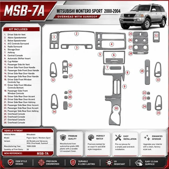 Mitsubishi Pajero Sport/Montero Sport 1998-2008 avec Overhead, Sunroof, 28 pièces kit décoration intérieure tableau de bord