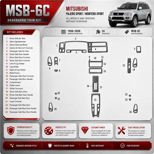 Mitsubishi Pajero Sport/Montero Sport 1998-2008 sans Overhead, 24 pièces kit décoration intérieure tableau de bord